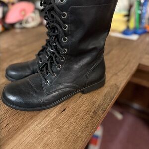 Black Combat & Moto Boots with Lace-Up Design and Mid-Calf Height